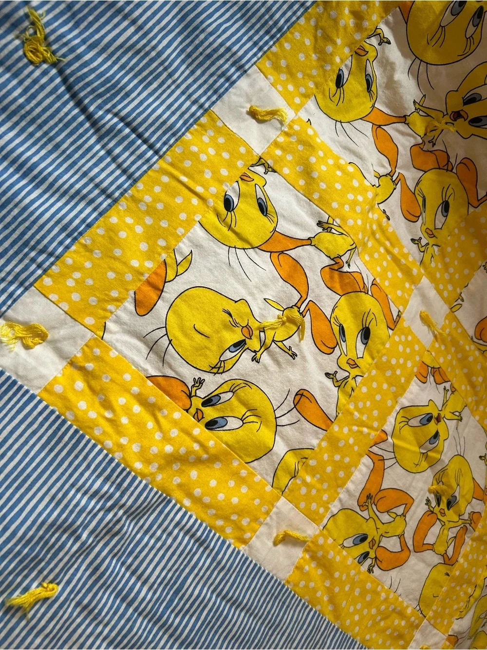 Yellow Tweety Patchwork Baby Quilt with Blue Stripe Border